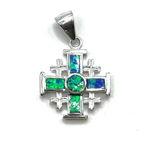 Sterling Silver with Opal Jerusalem Cross Pendant